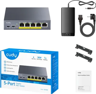 Imagen del producto de Switch Gigabit PoE+ Cudy, 5 puertos, color , modelo GS105P, para montaje en escritorio o pared