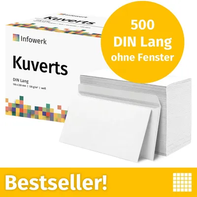 Produktbild von : Infowerk Briefumschläge ohne Fenster, DIN Lang, unbedruckt, 500 Stück