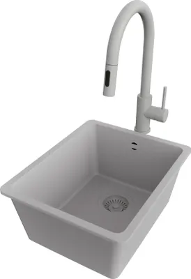 Produktbild von PRIMAGRAN Unterbauspüle Granit Grau 36x44cm, Spülbecken 1 Becken + Küchenarmatur 40x20cm + Ablauf-Set, Granitspüle ab 40er Unterschrank - Venedig Easy