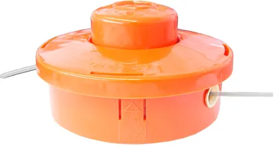 A close-up, studio shot of an orange string trimmer head with two gray trimmer lines extending from it, set against a white background.