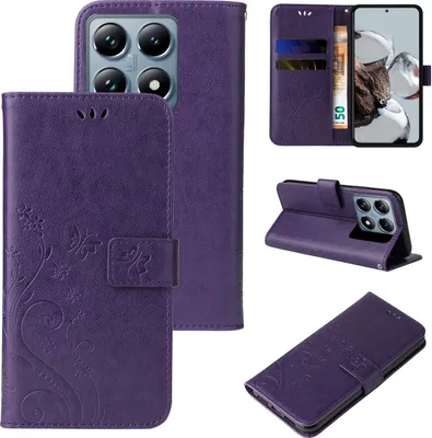 Produktbild von Handyhülle für Xiaomi 14T Pro Floral Blumen Schmetterling Flip Cover Hülle Case Klapphülle Handytasche Farbe: Violett