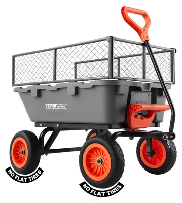 Image de Chariot de jardin VEVOR avec fonction basculante, chariot à main pouvant supporter une charge de 362 kg, chariot de transport pivotant à 270° pour le jardinage, en plastique et acier, avec roues en plastique de 10 pouces, clôture métallique pour pelouse, gravier et boue.