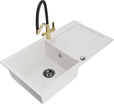 Produktbild von Mexen Leo 1 Becken-Granitspüle mit Abtropffläche und Mischbatterie Duo, Weiß - 6501-20-671701-57-B