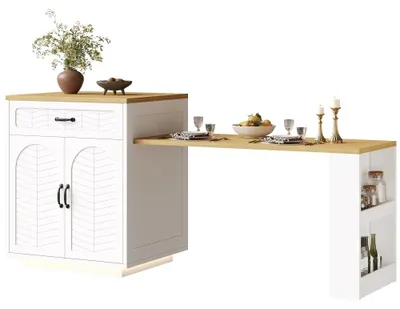 Image de Îlot de cuisine - Armoire de cuisine et de bar - Barre de LED - Table extensible - 2 tiroirs - 4 portes - Blanc