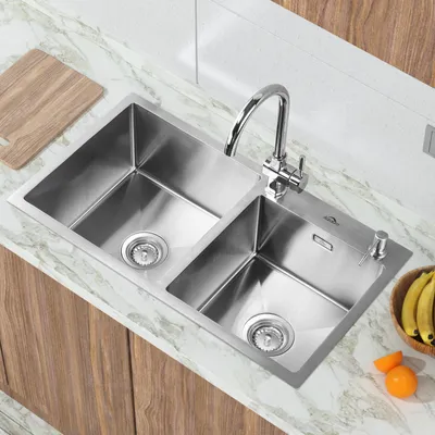 Produktbild von Auralum Edelstahl Doppelbecken Küchenspüle, 75 x 45 cm Einbauspüle für ab 80 cm Unterschrank, Spülbecken inkl. Ablaufgarnitur und 300 ml Seifenspender