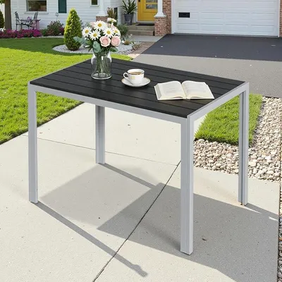 Obrázok produktu pre Záhradný stôl 110x70 cm z hliníka a WPC – odolná záhradná doska vhodná na balkón, terasu a do záhrady (strieborná + čierna)