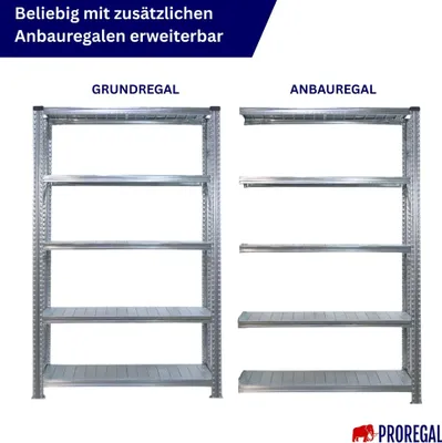 Produktbild von Fachbodenregal PROXIMO mit  Stecksystem | Grundregal | HxBxT 200x150x80cm | 5 Ebenen | Fachlast 130 kg | Beidseitig nutzbar | Verzinkt