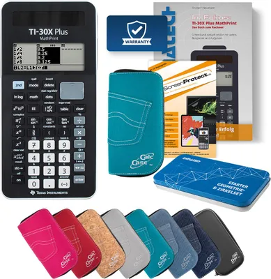 Produktbild von TI-30X Plus MP Taschenrechner mit Tasche türkis, Schutzfolie, Buch & Zirkel Set