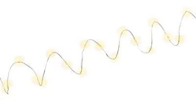 A string of silver wire with small yellow LED lights is shown against a white background.