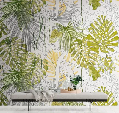 Produktbild von NEWROOM Tapete Grün Vliestapete Dschungel - Wandbild Modern Weiß Grau Palmenblätter Blätter Tapete Tropisch Dschungeltapete