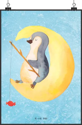 Produktbild von Mr. & Mrs. Panda Bild Pinguin Mond DIN A2 - Eisblau - Geschenk, Süßigkeiten, wanddeko, Deko, drucke, Erschöpft, Plakat, Wandbild, Spruch, Angel, Müde