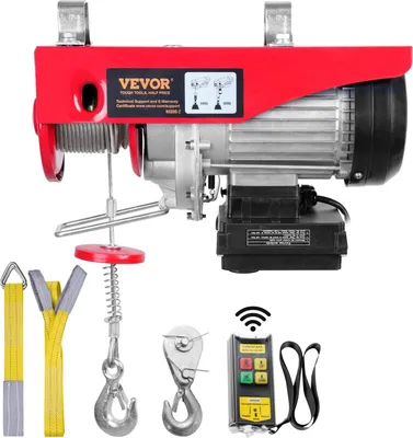 A red electric hoist with accessories, including straps, hooks, and a remote control, displayed against a white background.