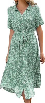 Produktbild von ASKSA Damen Sommerkleid Kurzarm Casual V-Ausschnitt Blumendruck Kleider Strandkleider y Schlitz Midikleid mit Guertel (Gruen,S)