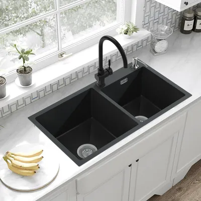 Produktbild von Auralum Küchenspüle 2 Schalen 75 x 45 CM Spülbecken 2 Becken Waschbecken Unterbauwaschbecken Edelstahl 304 Spüle aus gebürstetem Edelstahl mit Siphon und Überlauf, Dunkelgrau