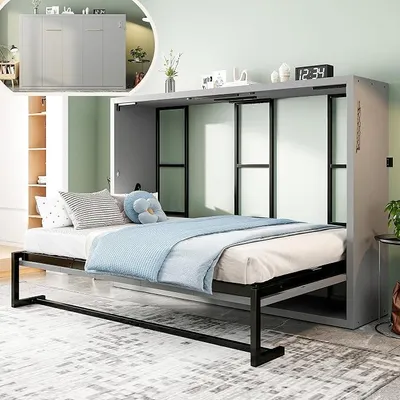 Produktbild von Vertikal Schrankbett 140x200, Wandbett aus Metallrahmen&Holzplatte, Doppelbett mit Lattenrost, Klappbett mit Schrank, Platzsparend Wandklappbett Murphy Bed Bettschrank Funktionsbett, Ohne Matratz,Grau