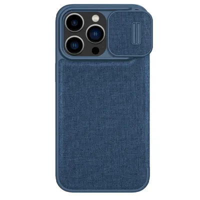 Zdjęcie produktu dla Nillkin Qin Cloth Pro Case etui do iPhone 14 Pro Max osłona na aparat kabura pokrowiec obudowa z klapką niebieski
