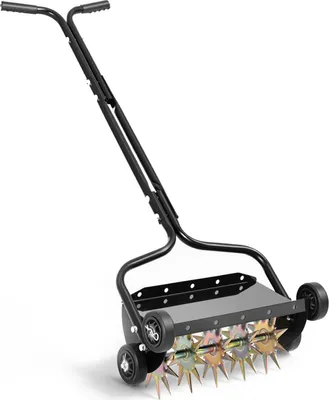 Zdjęcie produktu dla SucceBuy Ręczny wałek do napowietrzania trawnika 45 cm, aerator do trawników o głębokości roboczej 5 cm i 4 rolkach, stalowy aerator do trawników o nośności 18 kg, wałek do trawników do zagęszczonych gleb i pielęgnacji ogrodu, czarny