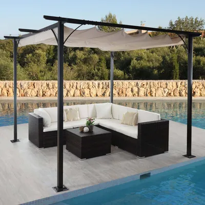 Produktbild von Mendler Pergola creme 3x3m, Schiebedach, stabiles 6cm-Gestell, pulverbeschichteter Stahl, 180g/m² Polyester, UV50+, Wasserablaufösen, HWC-C42