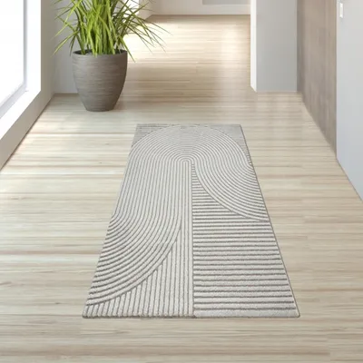 Produktbild von Teppich Wohnzimmer geometrisch Linien- und Bogenmuster grau Größe - 80 x 150 cm