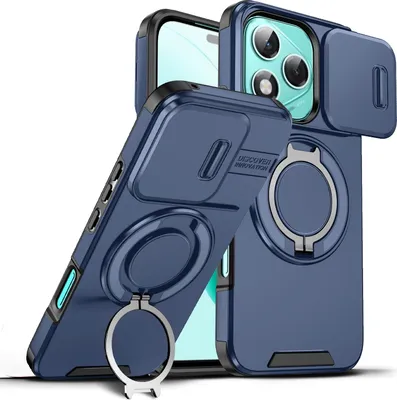Image de Etui double couche pour Honor 400 Lite, cache-appareil photo coulissant et anneau magnétique Bleu