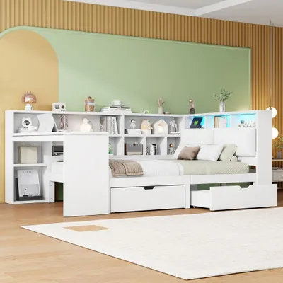 Produktbild von Weißes Holzplattformbett mit Schubladen, Ladestation & LED-Licht, gepolstertes Kopfteil & Ablageflächen – Ideal für Kinderzimmer, 140x200 cm
