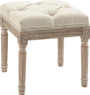 Produktbild von Fußhocker Ottoman - Polsterhocker - 40 x 40 x 43 cm - Kapitonierte Sitzfläche - Geschnitzte Holzbeine - Französischer Vintage-Stil - Stoffbezug - Beige