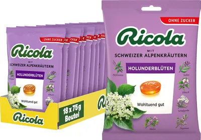 Produktbild von Ricola Holunderblüten, Schweizer Kräuterbonbon, 18 x 75g Beutel, ohne Zucker, Wohltuend und erfrischender Genuss
