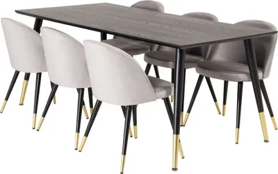 Produktbild von Dipp180x90BLBR Essgruppe Esstisch schwarz und 6 Velvet Esszimmerstühle Velour hellgrau.