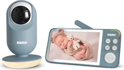 A baby monitor camera and its receiver are displayed together against a white background.