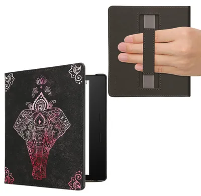 Produktbild von kwmobile Schutzhülle für Amazon Kindle Oasis 10. Generation Hülle - eReader Flip Case mit Handschlaufe und Auto Sleep Funktion - Elefant Zeichnung mit