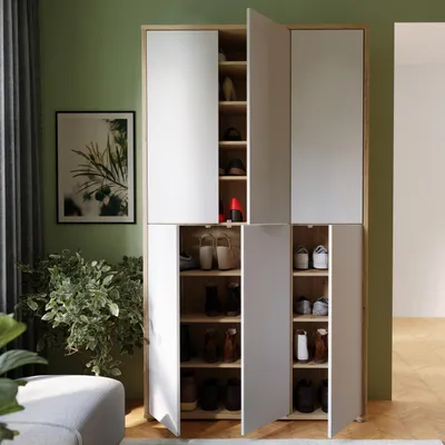 Produktbild von Forte ALICE SPRINGS Schuhschrank 100 110, moderner Schrank mit 6 Türen, 15 Einlegeböden, Holzwerkstoff, Grau mit Artisan Eiche Holzdekor, 109,2 cm breit x 191,9 cm hoch x 34,9 cm tief