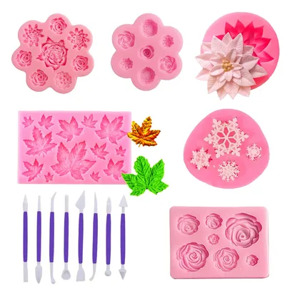 Silikon-Fondantformen, Rosenblüten & Blätter, 6 Stück