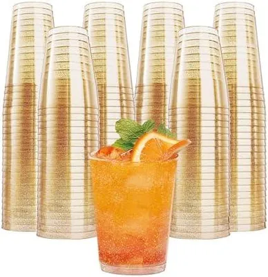 Produktbild von 50 Stück Hartplastik Plastikbecher mit Goldglitter, 360ml Kunststoff Trinkbecher, Mehrweg Transparent Partybecher für Party, Hochzeiten, Geburtstag