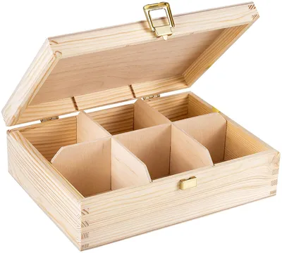 Produktbild von Creative Deco Tee-Box aus Natürliches Kiefernholz | 21 x 16 x 7 cm (+/- 0,5 cm) | mit 6 Fächer und Deckel | Tee-Organizer | Perfekte Tee-Kiste für Decoupage, Dekoration Lagerung der Teebeutel