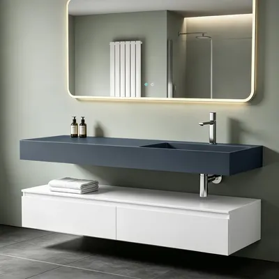 Produktbild von Mai & Mai Badmöbelset 150x48x25cm Unterschrank Weiß matt mit Soft-Close Schubladen inkl. Mineralguss-Waschbecken Rechts in Anthrazit matt