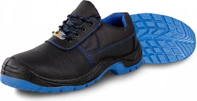 A black and blue safety shoe is shown with its sole detached.