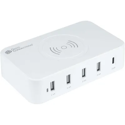 Produktbild von Good Connections USB-Desktop Ladestation 60W 5-Port m. 10W Qi weiß
