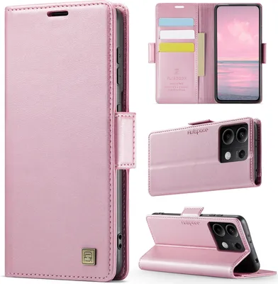 Produktbild von Lederhülle für Xiaomi Redmi Note 13 5G, RFID Schutz Handyhülle mit Magnetverschluss, Kartenfächern und Ständer Pink