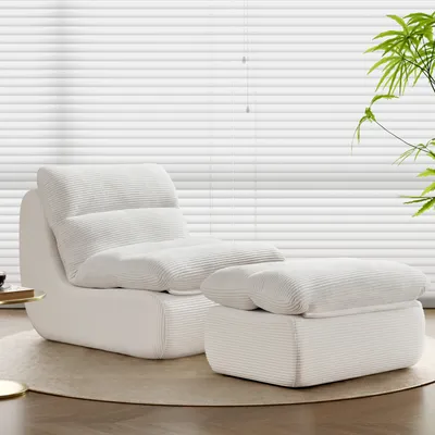 Produktbild von okwish Relaxsessel Schlafsofas mit Fußstütze,Lazy Polstersofa Indoor-Sitzkissen mit Abnehmbare Rückenlehne und Sitzkissen,Liegestuhl für Schlafzimmer, Wohnzimmer, Weiß