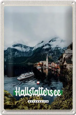 Produktbild von Blechschild Reise 20x30cm Hallstättersee Berge Schiff Boot Berg
