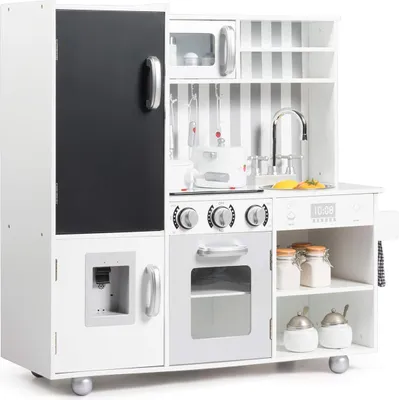 Produktbild von GOPLUS Kinderküche aus Holz, Realistische Spielzeugküche mit Kochgeräuschen, Tafel, Abnehmbarer Spüle, Herd & Backofen, Weiße Spielküche mit 7-teiligem Küchenzubehör für Kinder ab 3 Jahre