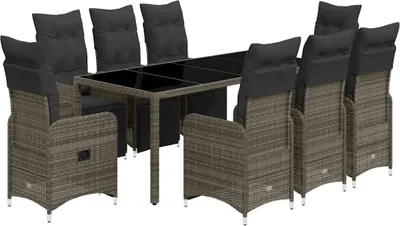 Produktbild von vidaXL 9-tlg. Garten-Bistro-Set mit Kissen Grau Poly Rattan