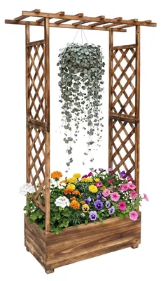Produktbild von Relaxdays Blumenkasten mit Rankgitter & Dach, HBT 183x110x44 cm, Pflanzkübel mit Spalier, Balkon, Garten, Holz, geflammt