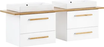 Produktbild von Doppelwaschtisch 165cm inkl. Keramikbecken DABO-04 in kreide weiß mit Eiche-Landhaus, B/H/T: 165,2/61,5/50 cm