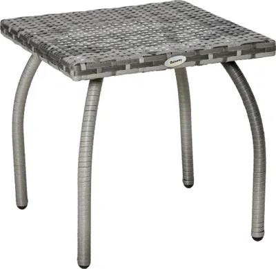 A gray rattan-style outdoor side table with curved metal legs, shown against a white background.