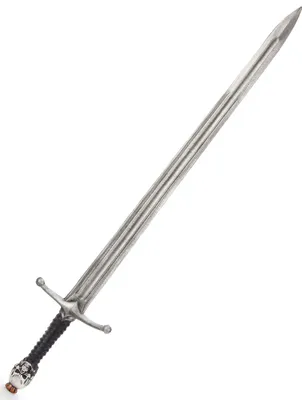 A medieval-style sword with a silver blade and a black grip, featuring a skull pommel.