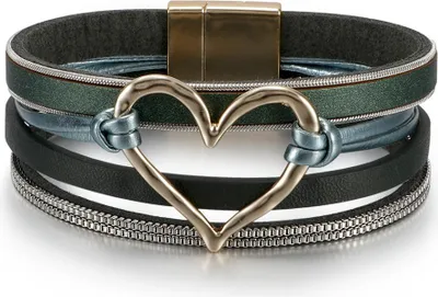 Produktbild von Mehrlagiges Lederarmband mit einem Boho-Herz in Grün