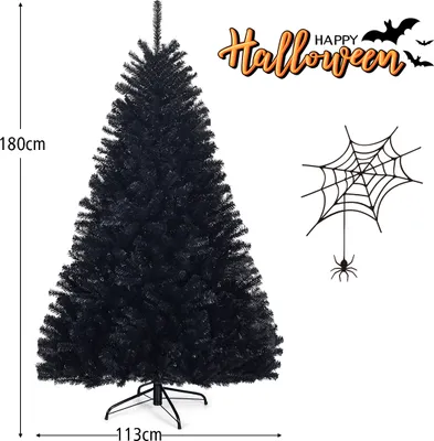 A black artificial Christmas tree with dimensions indicated, and Halloween-themed graphics.