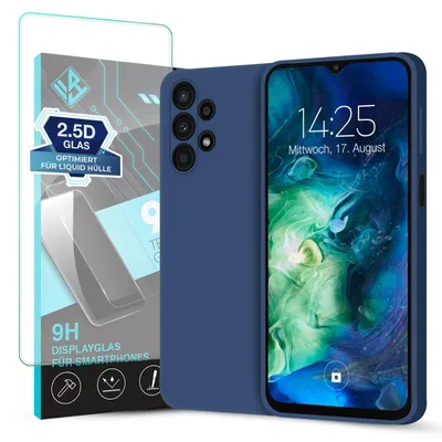 Produktbild von Hülle für Samsung Galaxy A13 mit 9H Displayglas Displayschutz Case Cover Bumper Smartphone Softgrip Schutzhülle Farbe: Blau