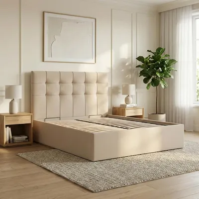 Produktbild von Polsterbett 180x200 cm mit Lattenrost, Doppelbett ohne Bettkasten, elegantes Bett mit Kopfteil, Geflecht, Beige, SORIA 180 x 200